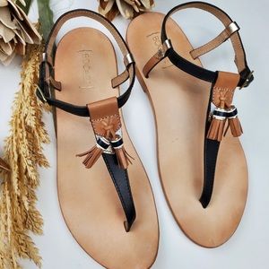 Bocage Women's Luxe Leather Tasseled T-strap Thong Sandals 8.5 (EU 40)